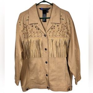 Vintage khaki denim fringe western jacket, 14, studs, embroidery Cowboy Rodeo